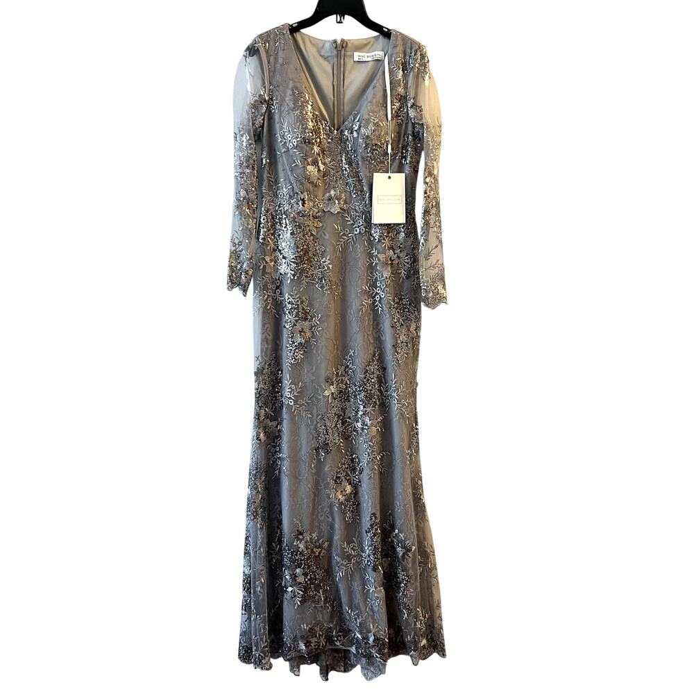 Mac Duggal Evening Gown Dress Size 8 Floral Embroidered Lace 67539 Platinum Gray - Picture 2 of 8